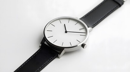 Minimalist Watch: A minimalist wristwatch with a clean face and simple leather strap, placed on a pristine white background, with soft lighting emphasizing its contours.
