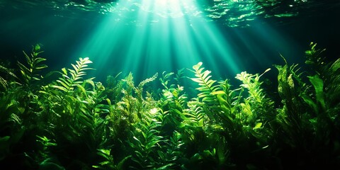 Beneath the water surface, vibrant green plants flourish, illuminated by rays of sunlight, creating a serene underwater scene.