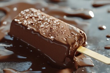 Chocolate Ice Cream Popsicle Melting on a Dark Background