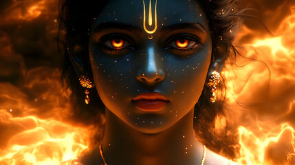 A striking depiction of a divine figure with fiery background and intense gaze.