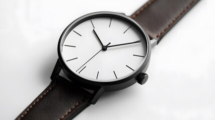 Minimalist Watch: A minimalist wristwatch with a clean face and simple leather strap, placed on a pristine white background, with soft lighting emphasizing its contours.
