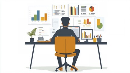 Man Analyzing Data and Charts in Office with Computer Screens and Graphs on Wall