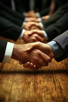 Businessmen shaking hands in agreement, showcasing teamwork and collaboration.