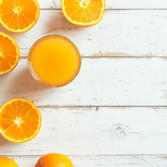 Top view orange juice glass on white wood background