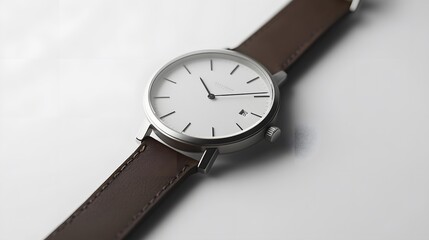 Minimalist Watch: A minimalist wristwatch with a clean face and simple leather strap, placed on a pristine white background, with soft lighting emphasizing its contours.
