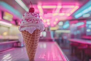 Ice Cream Cone with Cherry and Pink Sprinkles in a Retro Diner