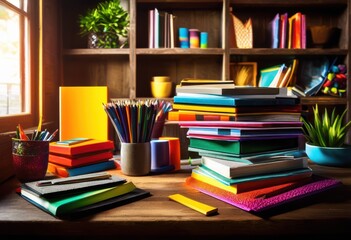 vibrant array study materials tools featuring bright organized educational resources effective learning, colorful, collection, supplies, notebooks, pens