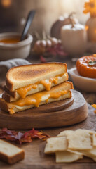A grilled cheese sandwich with melted cheese oozing out is placed on a wooden cutting board. In the background, there’s a bowl of soup, some whole fruits, and autumn leaves scattered around, creating 