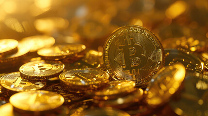 Golden Bitcoin Coins in Shiny Light  Cryptocurrency and Digital Wealth Concept