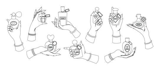 Elegant Female Hands Holding Perfume Bottles Showcasing Style And Glamour In Black And White Outline Design