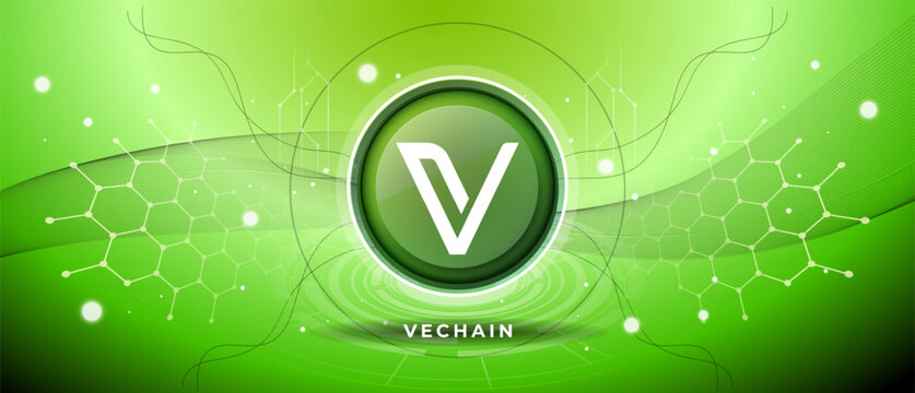 Vechain VET coin symbol with crypto currency themed green background design. Modern neon color banner for Vechain logo VET icon, V letter Cryptocurrency, Blockchain technology, token. Vector thumbnail