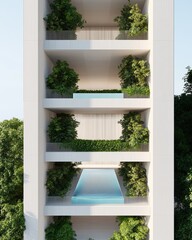 Modern eco sustainable skyscraper with lush green balconies and a pool on each floor