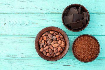 Cocoa beans grain in bowl . Ingredient for preparating chocolate