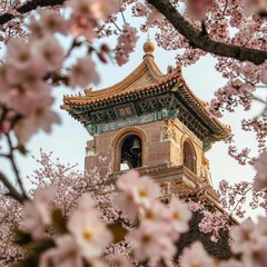 The Bell Tower framed by cherry blossoms in spring, with soft pink petals contrasting against the ancient structure