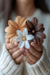 A woman&rsquo;s hands gently holding three unique flowers in soft tones.