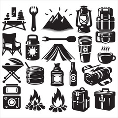 Camping Round Compositions bundle silhouette elements set in a white background 
