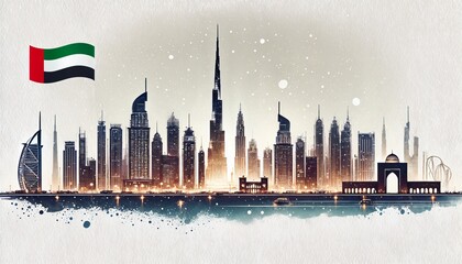 United arab emirates celebration background with modern city skyline silhouette.