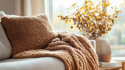 Warm knitted blanket and pillow on a sofa