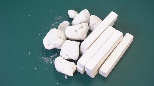 natural pieces of chalk, mineral stones and school chalk on green chalkboard background, concept, top view, rotation