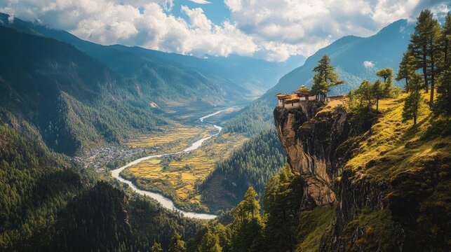 The breathtaking view of the Paro Valley from Tiger's Nest Monastery, with the river winding through the valley below.