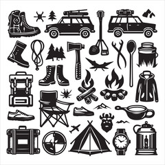Camping Round Compositions bundle silhouette elements set in a white background 
