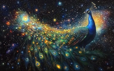 Celestial Plumage - Surreal Painting of Peacock with Galaxy Feathers