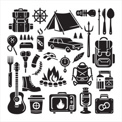 Camping Round Compositions bundle silhouette elements set in a white background 
