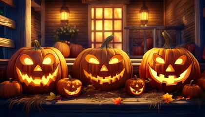 Fototapeta premium Carved Pumpkin Jack-O'-Lanterns: A close-up of several intricately carved pumpkins with different expressions (scary, funny, surprised) glowing with candles inside. They are placed on a rustic wooden 