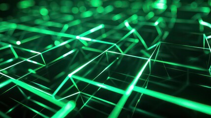 Abstract green glowing lines forming geometric shapes on black background.