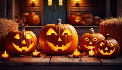 Fototapeta premium Carved Pumpkin Jack-O'-Lanterns: A close-up of several intricately carved pumpkins with different expressions (scary, funny, surprised) glowing with candles inside. They are placed on a rustic wooden 