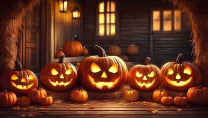 Fototapeta premium Carved Pumpkin Jack-O'-Lanterns: A close-up of several intricately carved pumpkins with different expressions (scary, funny, surprised) glowing with candles inside. They are placed on a rustic wooden 