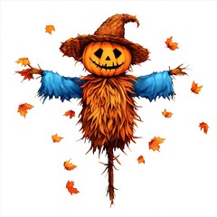 Scarecrow clipart, full figure, fall element, watercolor illustration, crisp outlines, autumnthemed with straw hat, isolated on white background