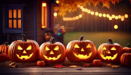 Carved Pumpkin Jack-O'-Lanterns: A close-up of several intricately carved pumpkins with different expressions (scary, funny, surprised) glowing with candles inside. They are placed on a rustic wooden 