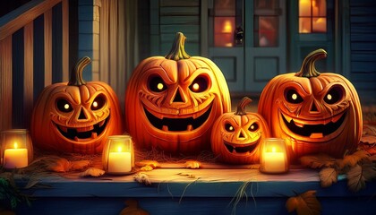 Fototapeta premium Carved Pumpkin Jack-O'-Lanterns: A close-up of several intricately carved pumpkins with different expressions (scary, funny, surprised) glowing with candles inside. They are placed on a rustic wooden 