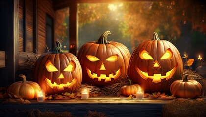 Carved Pumpkin Jack-O'-Lanterns: A close-up of several intricately carved pumpkins with different expressions (scary, funny, surprised) glowing with candles inside. They are placed on a rustic wooden 