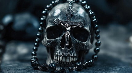 Skull with rosary and cross