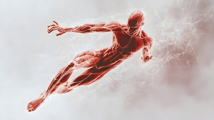 Muscular System During a Jump: A depiction of the muscular system during a vertical jump, showcasing the explosive power of the leg and core muscles.
