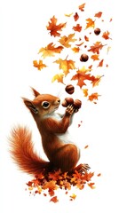 Fototapeta premium Squirrel gathering acorns clipart, entire squirrel and acorns, fall wildlife element, watercolor illustration, crisp details, brown squirrel, isolated on white background