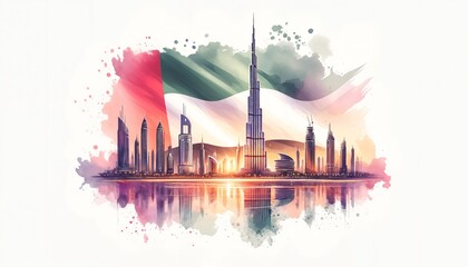 UAE national day background with skyline and waving flag.