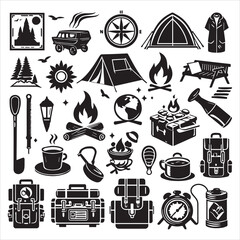 Camping Round Compositions bundle silhouette elements set in a white background 