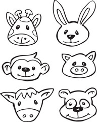 set of animal heads in a childish cartoon style hand drawn sketch
