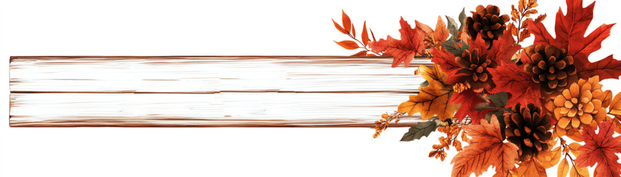 Wooden sign clipart, full sign visible, fall decor element, watercolor illustration, sharp outlines, Welcome Fall text with leaves, isolated on white background