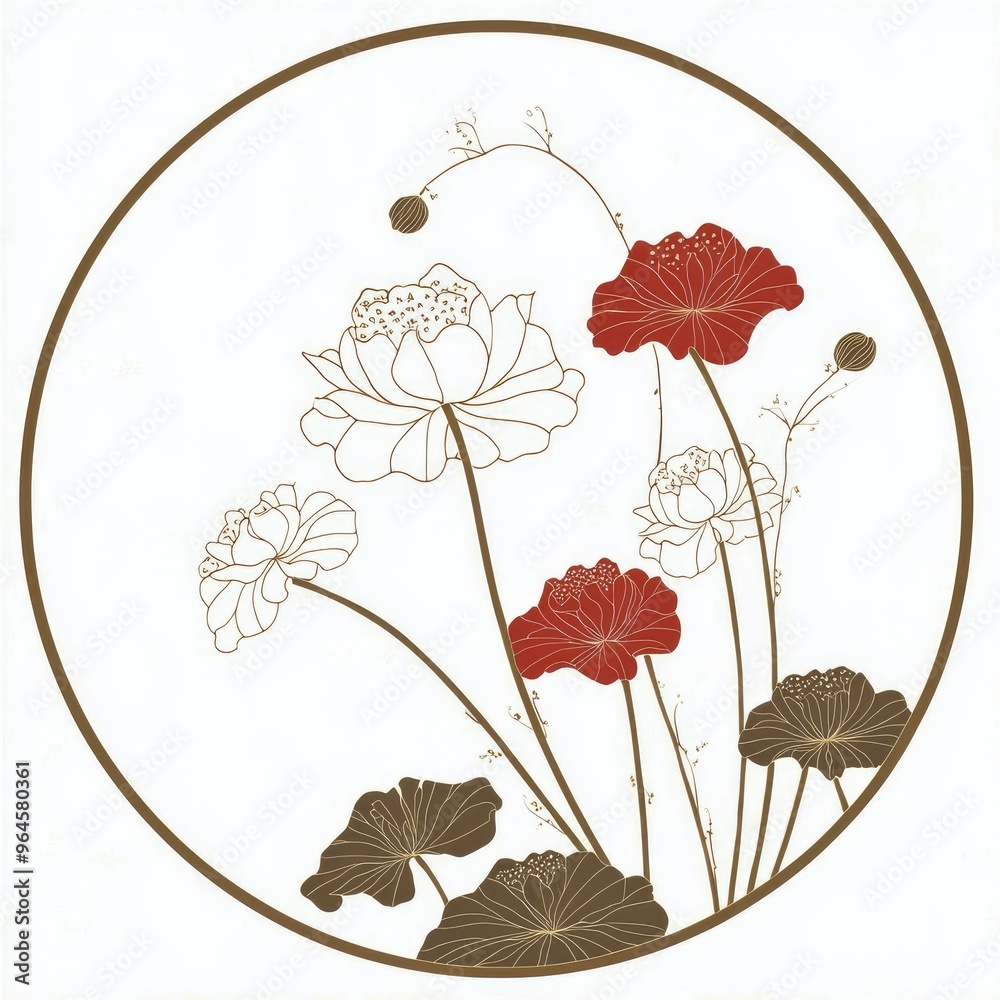 Wall mural Elegant Floral Design with White and Red Flowers in a Circle Frame