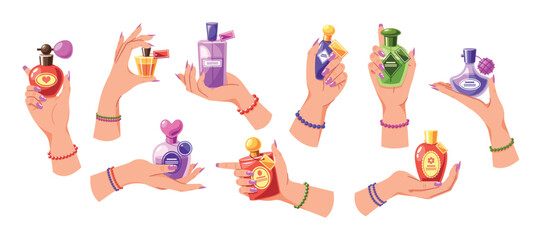 Set of Hands Holding Perfume Bottles In Vibrant Colors And Unique Designs. Cartoon Vector Image Evokes Sense Of Elegance