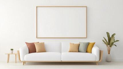 Minimalist living room featuring a white sofa adorned with colorful cushions, complemented by potted plants and a blank frame, creating a bright and airy ambiance