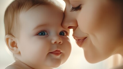A woman and baby are looking at each other with a smile, AI