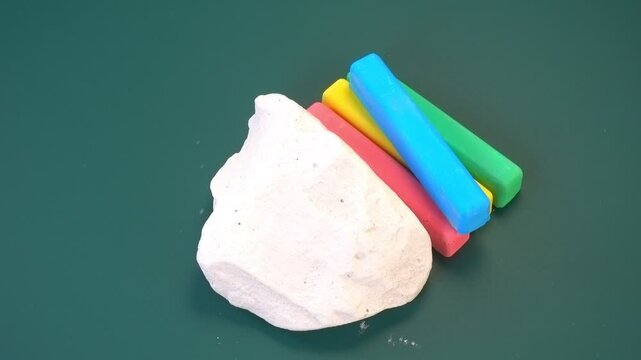 natural pieces of chalk, mineral stones and multicolored school chalk on green chalkboard background, concept, top view, rotation