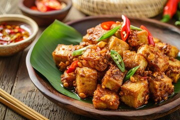 Fototapeta premium Tahu tempe. Indonesian traditional food made with soy bean well known as tahu or tempe