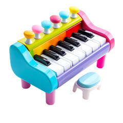 Colorful toy piano for kids with five button tops and a small stool, perfect for musical learning...