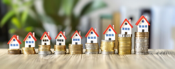 Miniature houses on stacks of coins, symbolizing property investment, real estate market growth, and the value of homeownership.